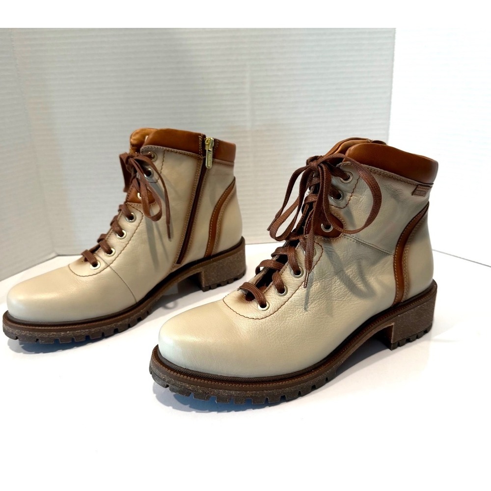 NWT Pikolinos ASPE Cream Leather  Lace Up Zip Lug Sole Bootie Ankle Boots Sz‎ 9